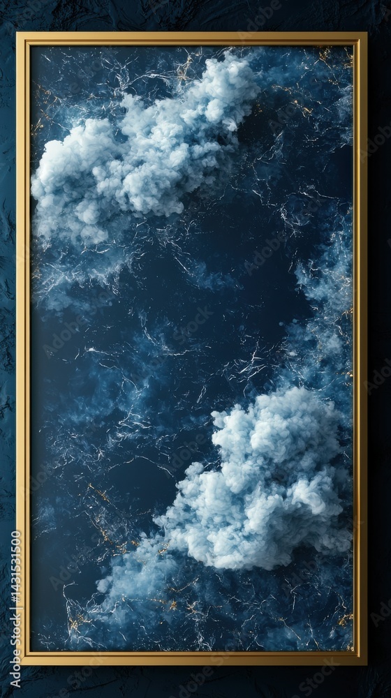 An opulent s featu a subtle marble texture swirling with gold accents, evoking a celestial nebula contained within a refined golden frame design element.
