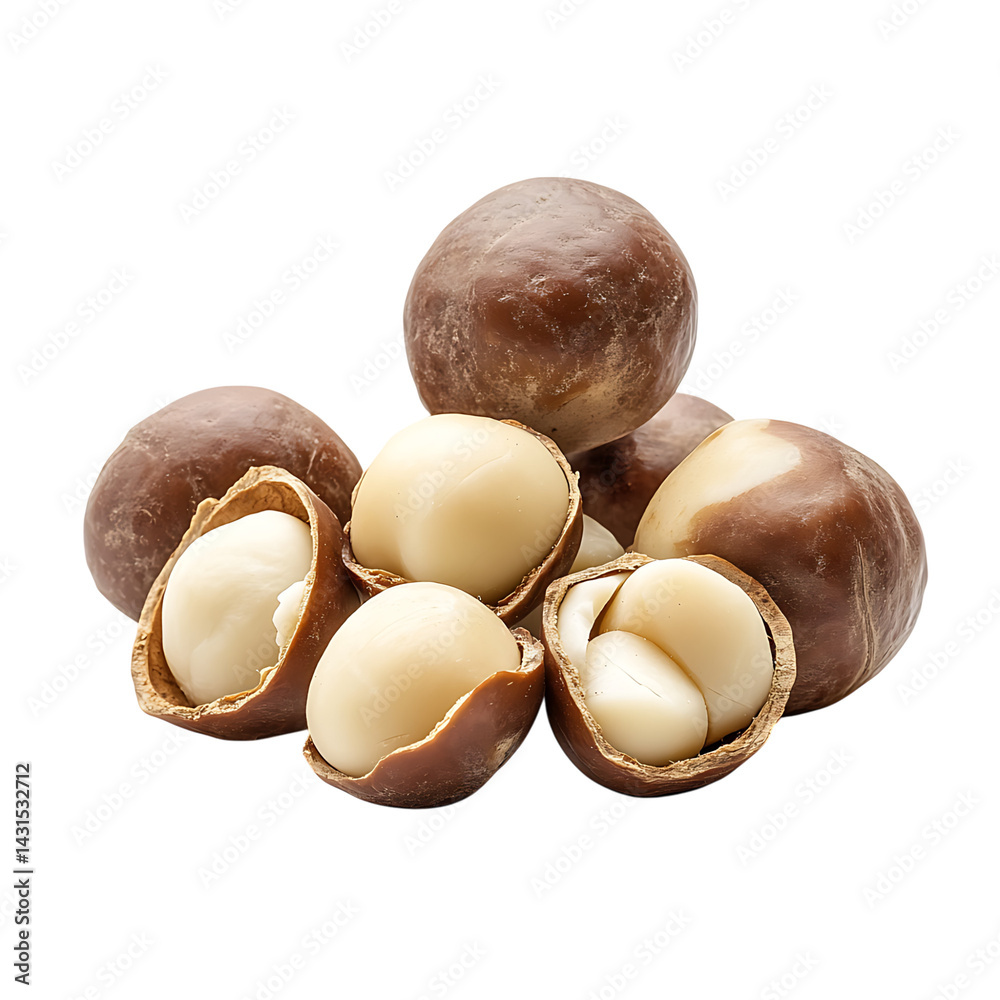 Whole and cracked macadamia nuts with creamy white interiors and brown hard shells arranged in a group and displayed on a transparent background with detail