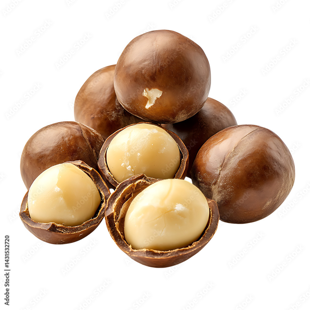 Whole and cracked macadamia nuts with creamy white interiors and brown hard shells arranged in a group and displayed on a transparent background with detail