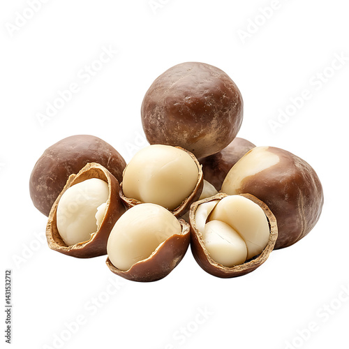 Obraz na płótnie Whole and cracked macadamia nuts with creamy white interiors and brown hard shells arranged in a group and displayed on a transparent background with detail w salonie