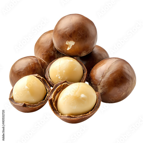 Obraz na płótnie Whole and cracked macadamia nuts with creamy white interiors and brown hard shells arranged in a group and displayed on a transparent background with detail w salonie