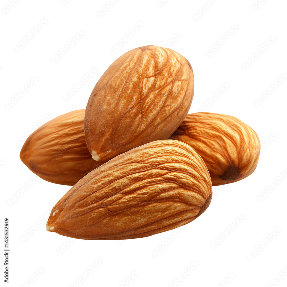Group of whole almonds with natural brown textured shells featuring detailed surface ridges and realistic shading shown on a transparent background