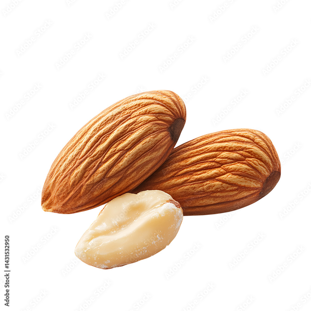 Group of whole almonds with natural brown textured shells featuring detailed surface ridges and realistic shading shown on a transparent background