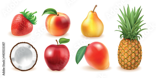 Realistic collection sweet fresh fruits. Strawberry, apple, pear, coconut, peach, mango, pineapple isolated on a transparent background.