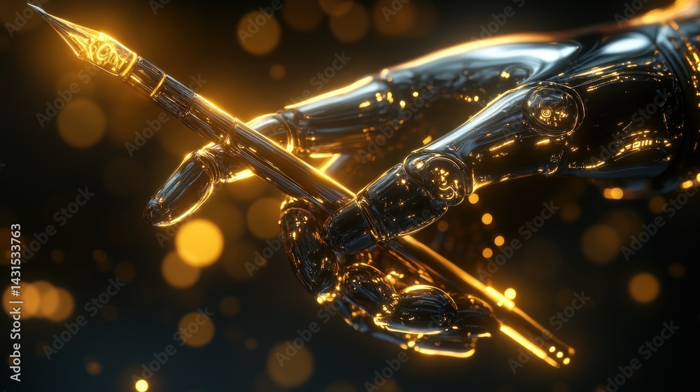 Naklejka premium Futuristic metallic hand holding a pen