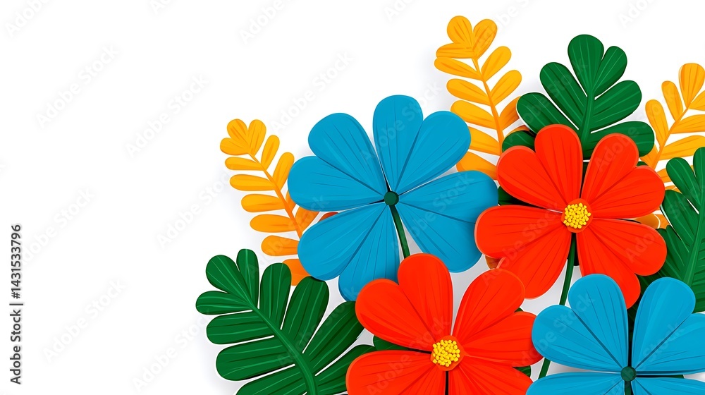Fototapeta premium Colorful paper flowers and leaves on a white background