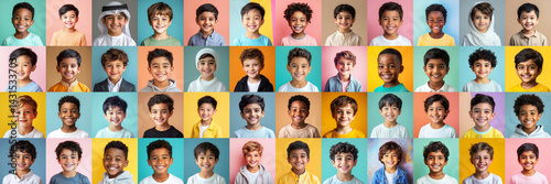 A colorful and happy mosaic of children portraits of 6-8 year old, showcasing boys of diverse nationalities and religions, all smiling joyfully on a bright, lively background