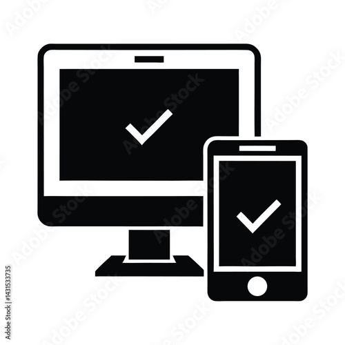 Solid black silhouette of a desktop computer monitor and a smartphone vector Art & Illustration