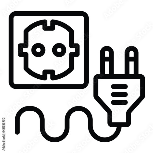 Fork plug with cord and socket line icon, electrician service concept. Vector graphics. Socket for electrical plug sign on white background, style for mobile or design.