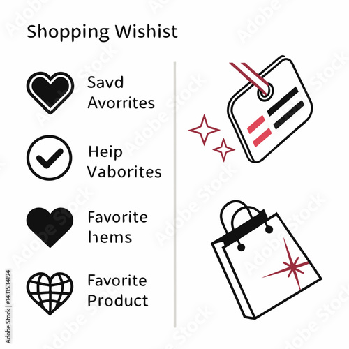 Shopping Wishlist With Favorite Items Tags And Bags In Minimalistic Vector Design
