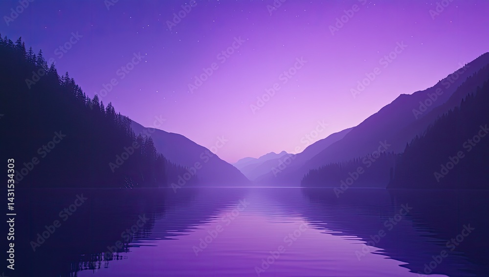 Fototapeta premium Serene twilight scene; purple hues paint the mountains reflected in a still lake under a starlit sky
