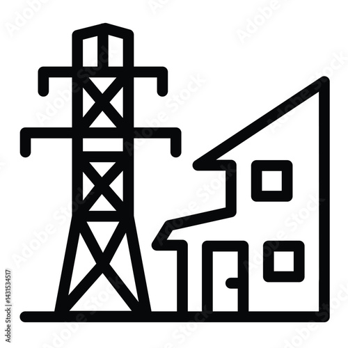 House and high voltage pole line icon, electrician service concept. Vector graphics. Building electrical safety sign on white background, style for mobile or design.