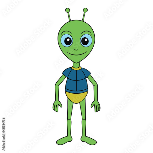 A quirky, colorful alien with big eyes, a tiny body, and oversized antennas, ready to explore the universe with a goofy grin and a fun, playful vibe.