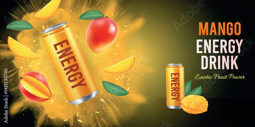 Advertisement of energy drink with mango in aluminum can. Falling whole fruits and halves in bright juicy explosion on dark background. Advertising summer banner of drink