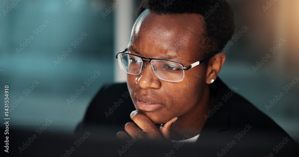 Night, black man and employee with computer, thinking and ideas for reading and online solution. Person, evening and consultant with technology, problem solving or planning with internet or project