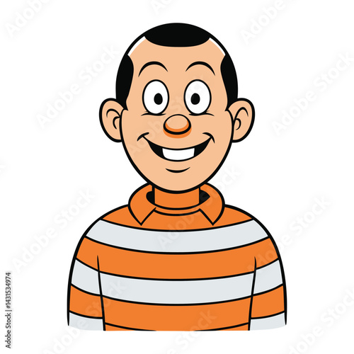 A cheerful prisoner with a big smile, wearing classic black-and-white striped clothes and a hat, standing confidently with hands on hips, showing a carefree attitude.