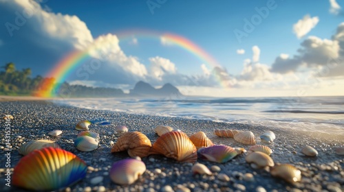 Colorful seashells on a beach with a rainbow