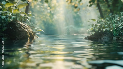 Tranquil forest stream. Sunlight filters through lush foliage, illuminating a crystal-clear stream flowing gently through a dense jungle