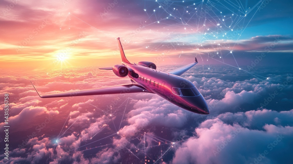Fototapeta premium Private jet flying above clouds at sunset, connected by digital network