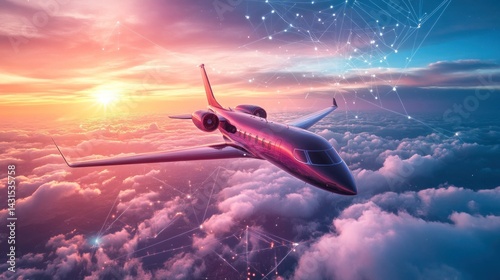 Private jet flying above clouds at sunset, connected by digital network