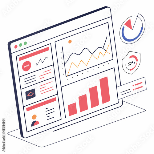 Isometric Data Analytics Dashboard Interface Illustrating Business And Financial Metrics On A Screen