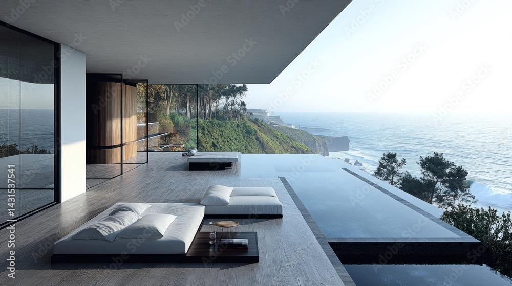 Fototapeta premium Modern Cliffside Villa with Infinity Pool and Ocean View