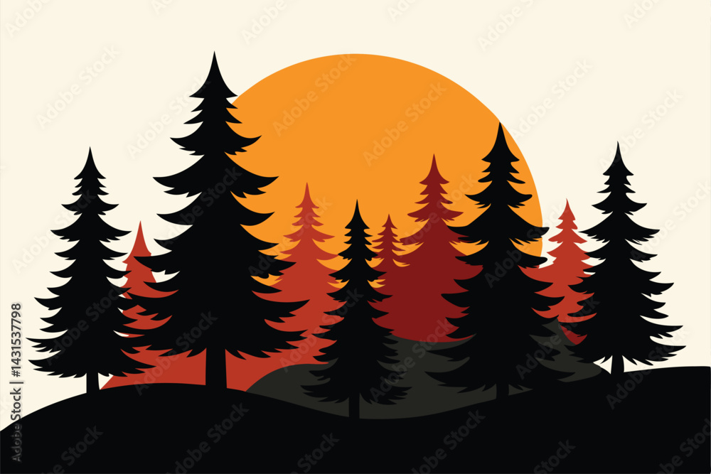 Obraz premium sunset-behind-silhouetted-pine-trees-in-a-peaceful.eps