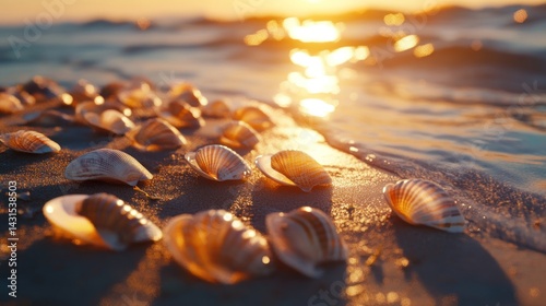 Seashells on golden sand at sunrise. Gentle waves lap the shore