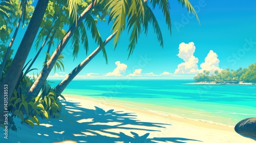 Tropical beach paradise. Lush vegetation, palm trees casting shadows on the pristine white sand, turquoise water, and a vibrant blue sky with fluffy clouds.  Tranquil and idyllic