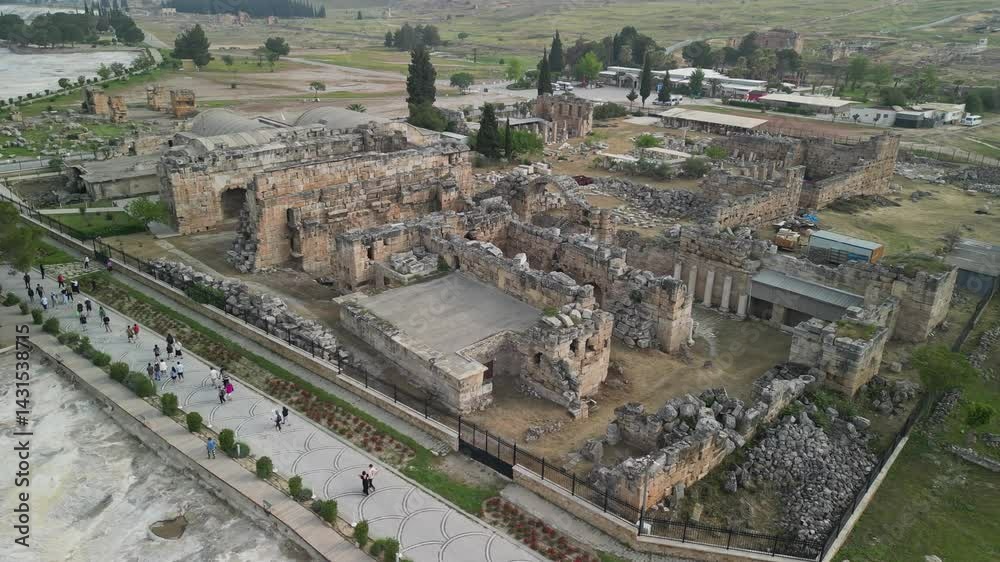 Ancient ruins of Hierapolis in semicircular aerial layout