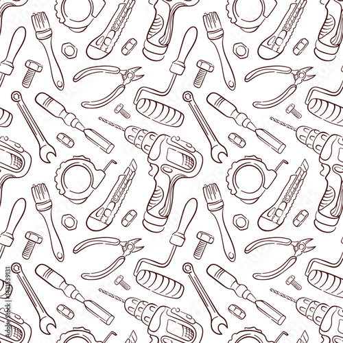 Seamless pattern with repair tools in line art style. Background with drill, Paint Roller, Tape Measure, Wire Cutter, Utility Knife, Wrench. Design for a construction store.