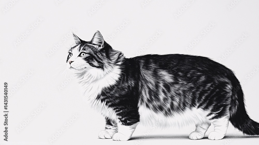 mixed breed cat standing alert, black and white fur, soft detailed fur lines, high-resolution drawing, white background, professional lighting, balanced composition, digital art tuxedo cat black mixed breed cat standing alert, black and white fur, soft detailed fur lines, high-resolution drawing, white background, professional lighting, balanced composition, digital art tuxedo cat black