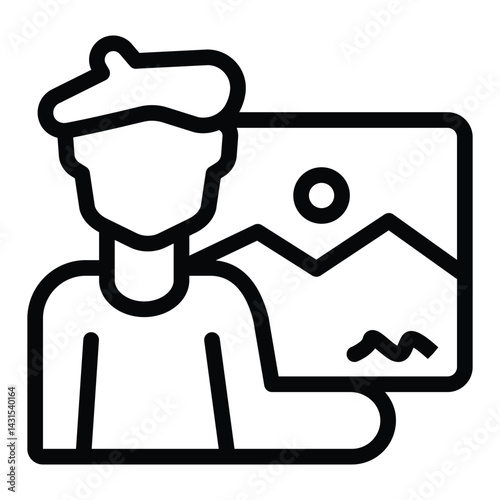 Artist man and painting line icon, exhibition concept. Vector graphics. Landscape picture and author, famous person sign on white background, style for mobile or design.