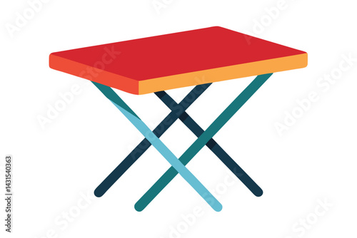 Isometric folding camping table with red top and criss cross leg design