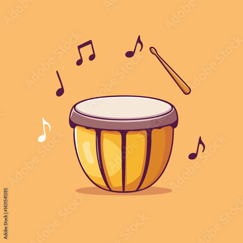 Yellow Drum with Drumsticks and Musical Notes. Vector Image
