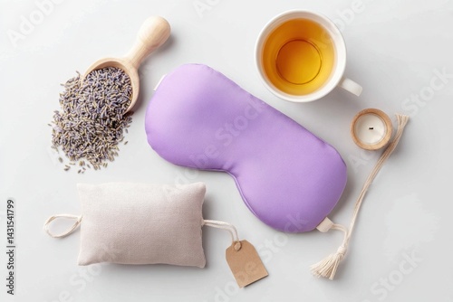 A calming flat lay featuring a lavender eye mask, herbal tea, dried lavender, and a scented candle, promoting relaxation and wellness.