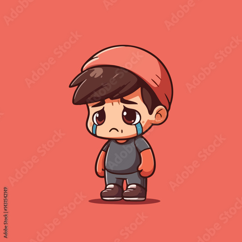 Sad Cartoon Boy Wearing Hat and Gloves. Vector Image