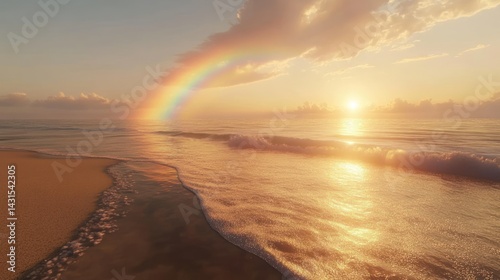 Golden sunrise, rainbow over tranquil ocean
