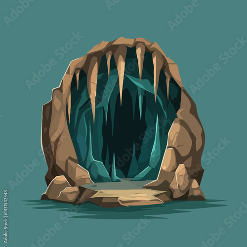 Mysterious Cave Entrance with Stalactites. Vector Image