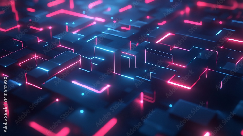 Abstract network grid with geometric blocks and glowing neon lines
