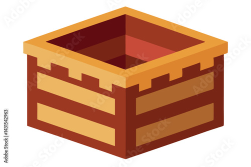 Isometric view of a decorative brown and yellow planter with opening
