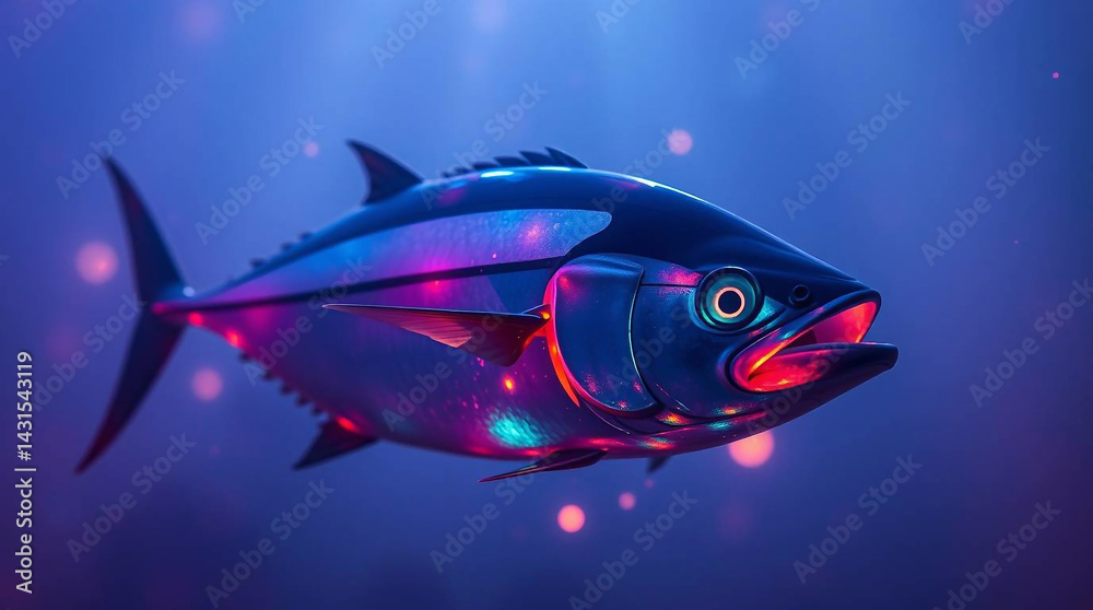 Fototapeta premium Bioluminescent tuna fish depicted in a dreamy atmosphere with soft, hazy light, vibrant glowing colors, and natural light effects.jpg