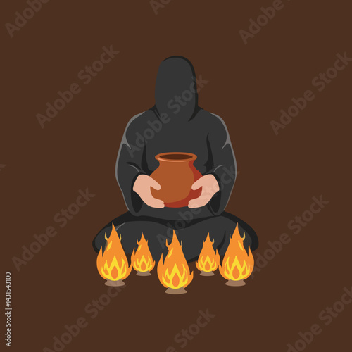 Figure of robed person holding a pot over flames. Vector Image