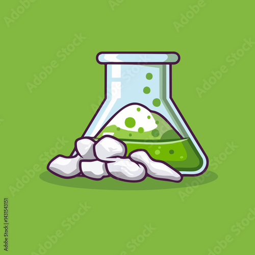Erlenmeyer Flask with Green Liquid and White Pebbles. Vector Image