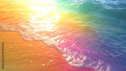 Vibrant sunset beach scene with colorful waves