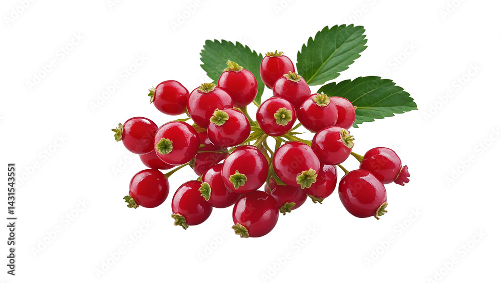 High resolution studio shot of bunch of shiny red berries with green leaves High resolution studio shot of bunch of shiny red berries with green leaves