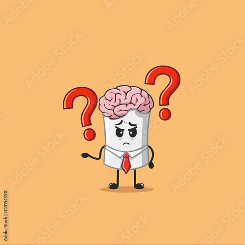 Confused Brain Character in Suit with Question Marks. Vector Image