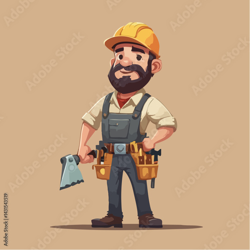 Construction Worker with Tool Belt and Trowel. Vector Image