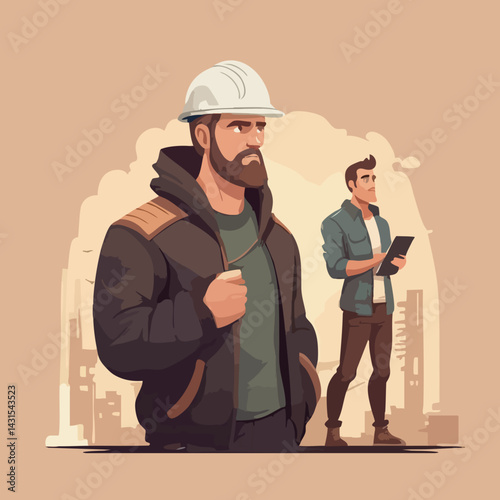 Construction Workers Cityscape Illustration. Vector Image