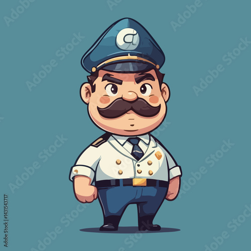 Cartoon Officer with Mustache in Uniform. Vector Image